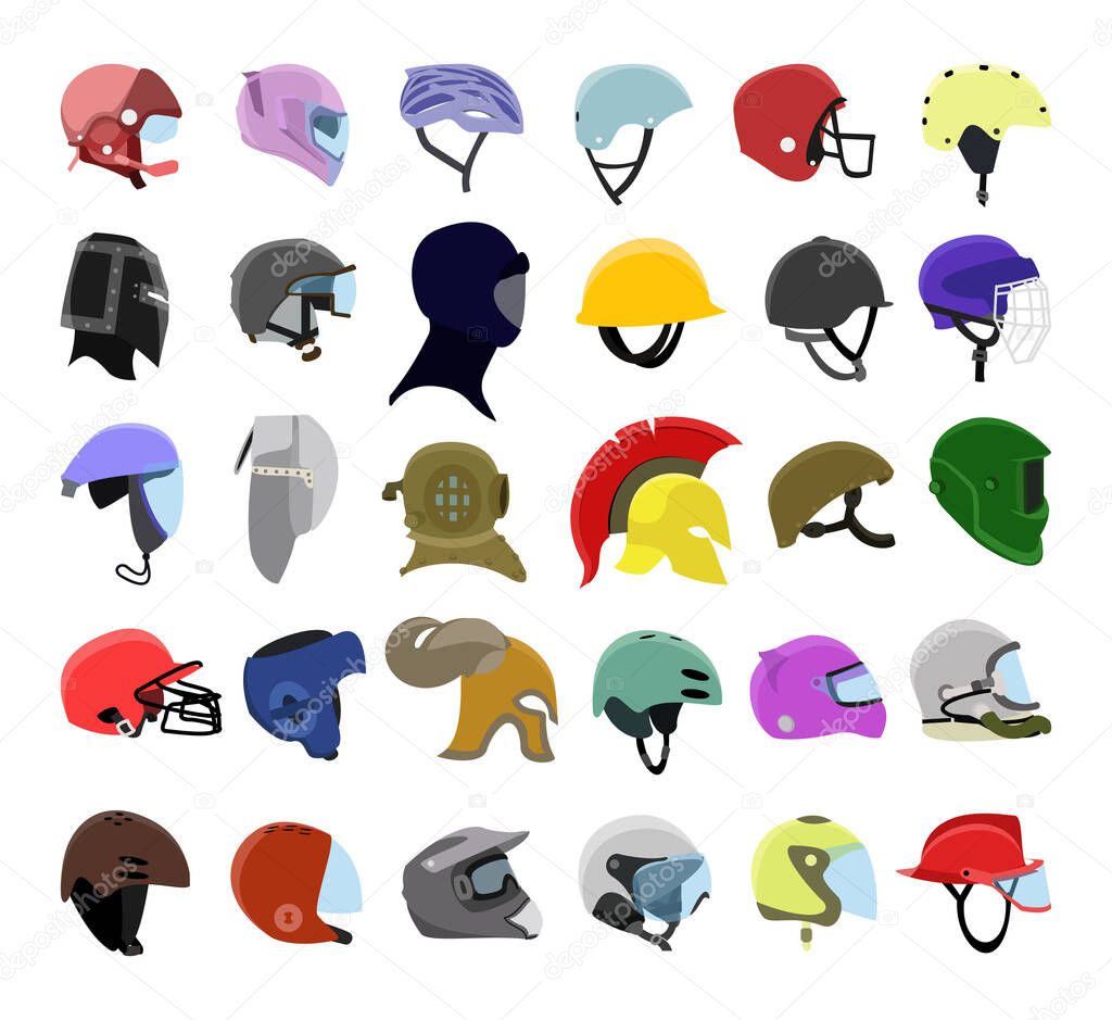 Vector collection of colorful helmets. Flat illustration.