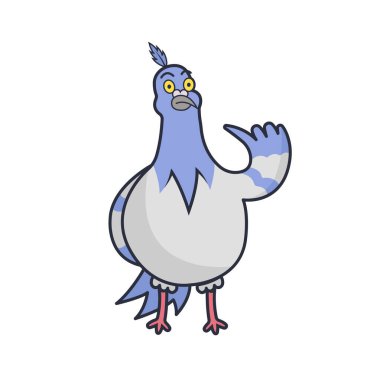 Güvercinin komik bir temsili, kimim ben? Kaba kuşun çıkartması. Tişörtler için baskı şablonu.