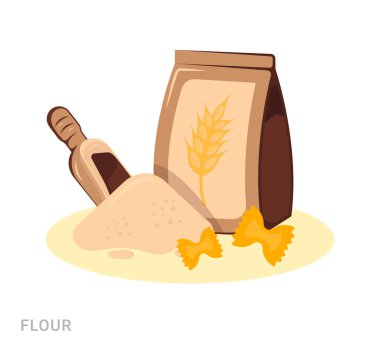 Un ve makarna içeren torba illüstrasyonu. Beyaz arka planda gıda katkı maddesi.