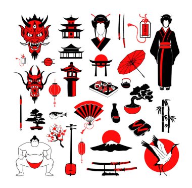 Japon kültürünün nesneleri ile vektör illüstrasyon. Kalıplar, ambalajlar, kartpostallar ve diğer tasarımlar için modern tarzda renkli çizimler