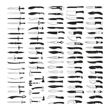 Çelik kol ve bıçaklardan oluşan siyah siluet koleksiyonu. Dövmeler, baskılar, çıkartmalar yaratmak için simgeler.