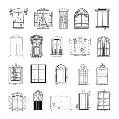 Çizim tarzında tek renkli pencere resimlerinin toplanması. Resim mürekkebi şeklinde el çizimleri. Siyah beyaz grafikler.