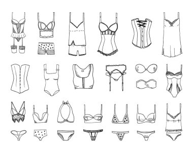 Robot resim tarzında tek renkli iç çamaşırı örnekleri koleksiyonu. Resim mürekkebi şeklinde el çizimleri. Siyah beyaz grafikler.