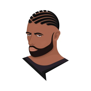 Beyaz arka planda saçı örgülü ve ağaçsı sakallı bir adamın vektör çizimi. Modern saç kesimi ve sakalı olan biri. Berber dükkanları, salonlar için şablon. Tarz gerçekçiliğinde Avatar.