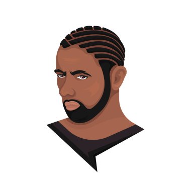 Beyaz arka planda saçı örgülü ve ağaçsı sakallı bir adamın vektör çizimi. Modern saç kesimi ve sakalı olan biri. Berber dükkanları, salonlar için şablon. Tarz gerçekçiliğinde Avatar.