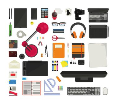 Ofis malzemeleri ve kırtasiye malzemeleri. Masaüstünde izole vektör nesneleri var. İş ve yaratıcılık için çizimler.