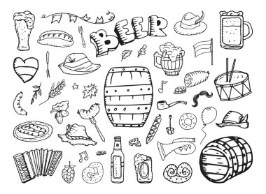Oktoberfest 'in çizim tarzında tek renkli resimlerinin koleksiyonu. Resim mürekkebi şeklinde el çizimleri. Siyah beyaz grafikler.