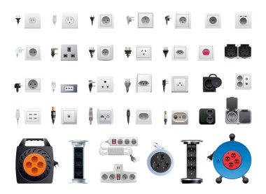 Beyaz arkaplanda izole edilmiş gerçekçi soketler ve adaptörler koleksiyonu.