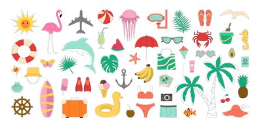 Deniz eğlencesi için taşıyıcı özellikler koleksiyonu. El çizimi etiketi çizimleri.