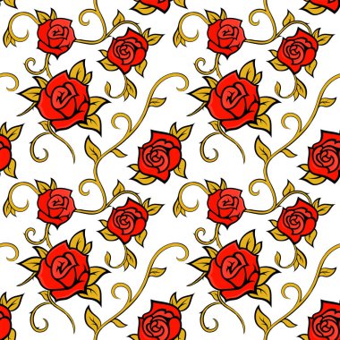 Güllerle kusursuz bir desen. Davetiyeler, tekstil ürünleri, tatil kartları ve herhangi bir tasarım için çiçek süsü. Çiçekler, yaşamlar ve bitkilerle grafiksel şablon.