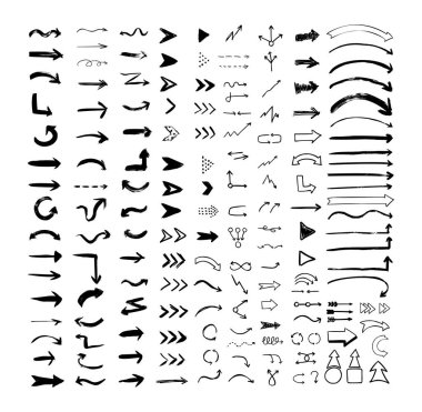 Dokuma oklarının vektör koleksiyonu. Büyük küme grunge işaretçileri, işaretler, imleçler, navigasyonlar ve karalama biçiminde arayüz ögeleri. 