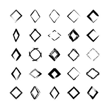 Beyaz arkaplanda izole edilmiş dokulu eşkenar dörtgen çerçeveler koleksiyonu. Kirli ve el yazması tarzında siyah şablonlar serpiştirin ve kare şeklinde püskürtün ve dikdörtgen yapın..