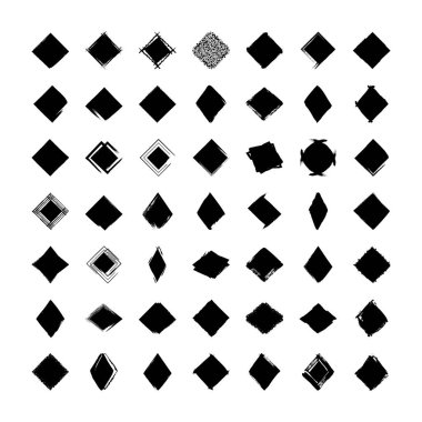 Vektör eşkenar dörtgen lekeleri, grunge dokuları, noktalar, kenarlar, lekeler, çerçeveler, sıçramalar, mürekkep fırçaları ve fon. Herhangi bir tasarım için ayarlayın. Beyaz arka planda el çizimi siluetler ve şekiller.