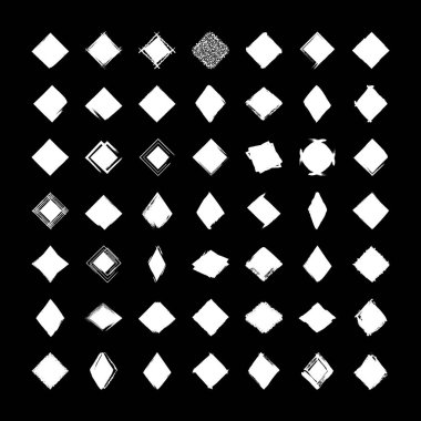 Vektör eşkenar dörtgen lekeleri, grunge dokuları, noktalar, kenarlar, lekeler, çerçeveler, sıçramalar, mürekkep fırçaları ve fon. Herhangi bir tasarım için ayarlayın. Beyaz arka planda el çizimi siluetler ve şekiller.