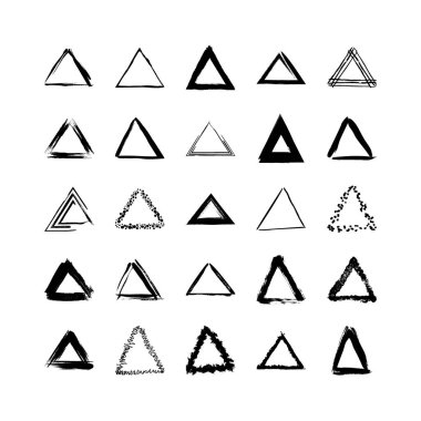 Collection of textured triangular frames isolated on white background. Set of black templates with splashes and spray in form square and rectangle in a dirty and freehand style. clipart