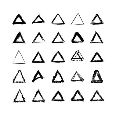 Beyaz arkaplanda izole edilmiş üçgen çerçeve koleksiyonu. Kirli ve el yazması tarzında siyah şablonlar serpiştirin ve kare şeklinde püskürtün ve dikdörtgen yapın..