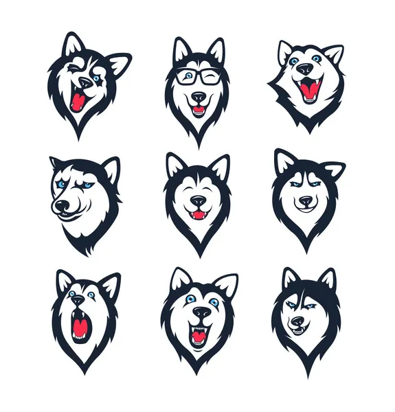 Sibirya Çıkartması Seti Farklı Duygulara Sahip Bir Köpek Baskı Logo — Stok Vektör