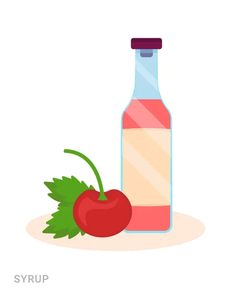 Vector Illustratie Van Een Fles Met Siroop Kers Levensmiddelenadditief Witte — Stockvector