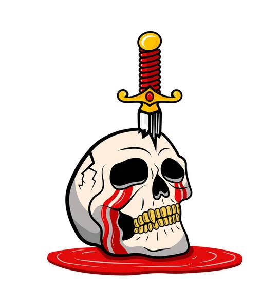 Векторная Иллюстрация Жуткого Человеческого Черепа Мечом Скелет Кровавыми Слезами Современная — стоковый вектор