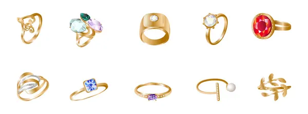 Set Realistic Golden Rings Jewelry Precious Stones — Stock Vector