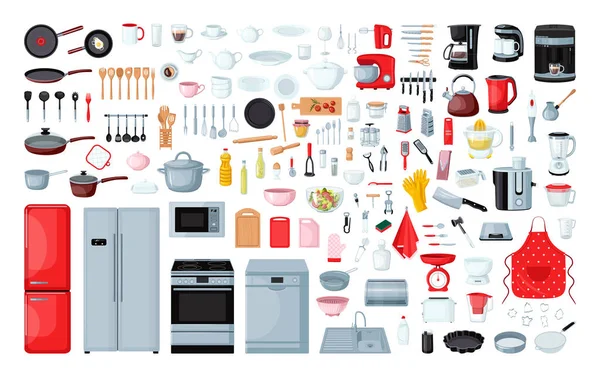 Verzameling Keukengerei Een Gedetailleerde Moderne Stijl Tafelgerei Huishoudelijke Apparaten — Stockvector