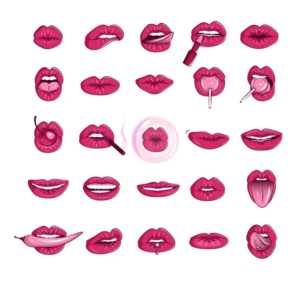 Conjunto Labios Mujer Estilo Moderno Aislado Sobre Fondo Blanco Ilustraciones — Vector de stock