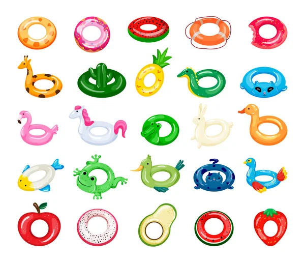 Hayvan ve meyve şeklinde şişme yaşam şamandıralarının vektör koleksiyonu. Düz biçimdeki parlak çizimler.