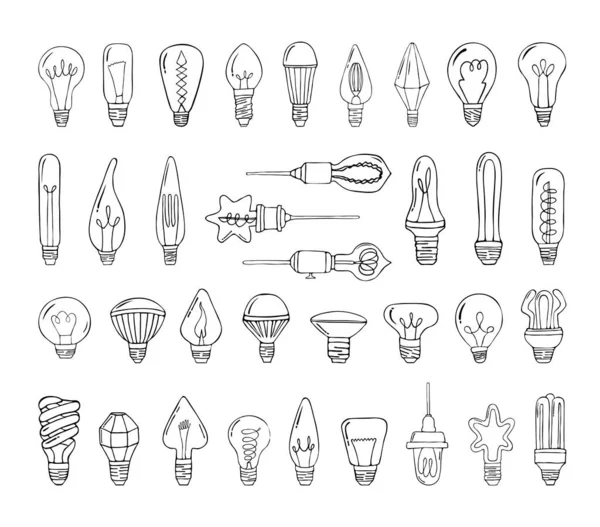 Sammlung Monochromer Abbildungen Von Glühbirnen Skizzenstil Handzeichnungen Tuschestil Schwarz Weiß — Stockvektor