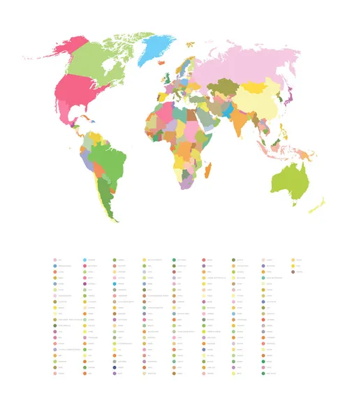 Διάνυσμα Έγχρωμη Απεικόνιση Ενός Παγκόσμιου Χάρτη Ονόματα Χωρών — Διανυσματικό Αρχείο