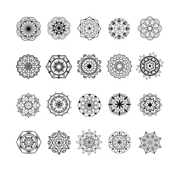 Dövme, süs ve çıkartma yapmak için bir takım mandalalar. Mehendi 'nin siyah renkli zarif çizimi.