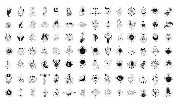 Samling Monokroma Abstrakta Magiska Illustrationer För Att Skapa Tatueringar Tryck — Stock vektor
