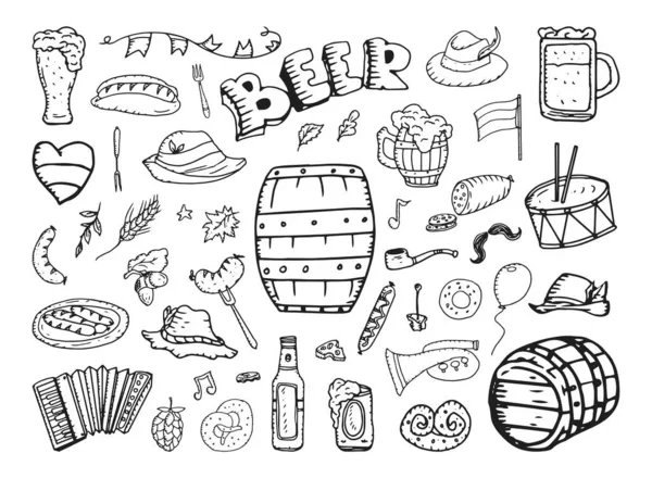 Oktoberfest 'in çizim tarzında tek renkli resimlerinin koleksiyonu. Resim mürekkebi şeklinde el çizimleri. Siyah beyaz grafikler.