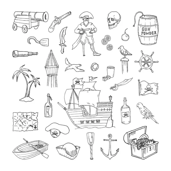 Colección Equipo Pirata Estilo Sketch Dibujos Mano Estilo Tinta Arte — Archivo Imágenes Vectoriales