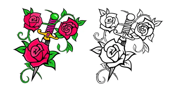 Векторные Иллюстрации Мечей Цветочными Элементами Шаблоны Розами Шаблон Татуировок Современные — стоковый вектор