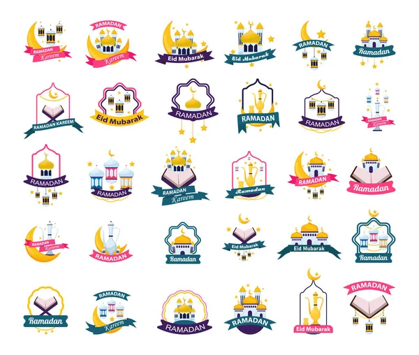 Ramazan kutlamaları için pankart ve logo koleksiyonu. Müslüman bayramlı renkli rozetler.
