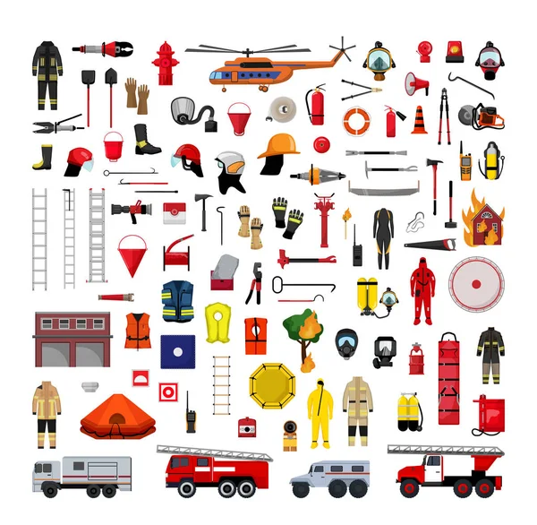 Vektor Sammlung Detaillierter Feuerwehr Und Rettungsausrüstung — Stockvektor