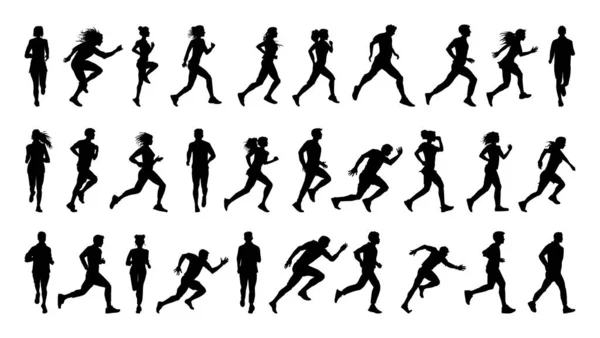 收集男性和女性跑步的黑色轮廓 — 图库矢量图片