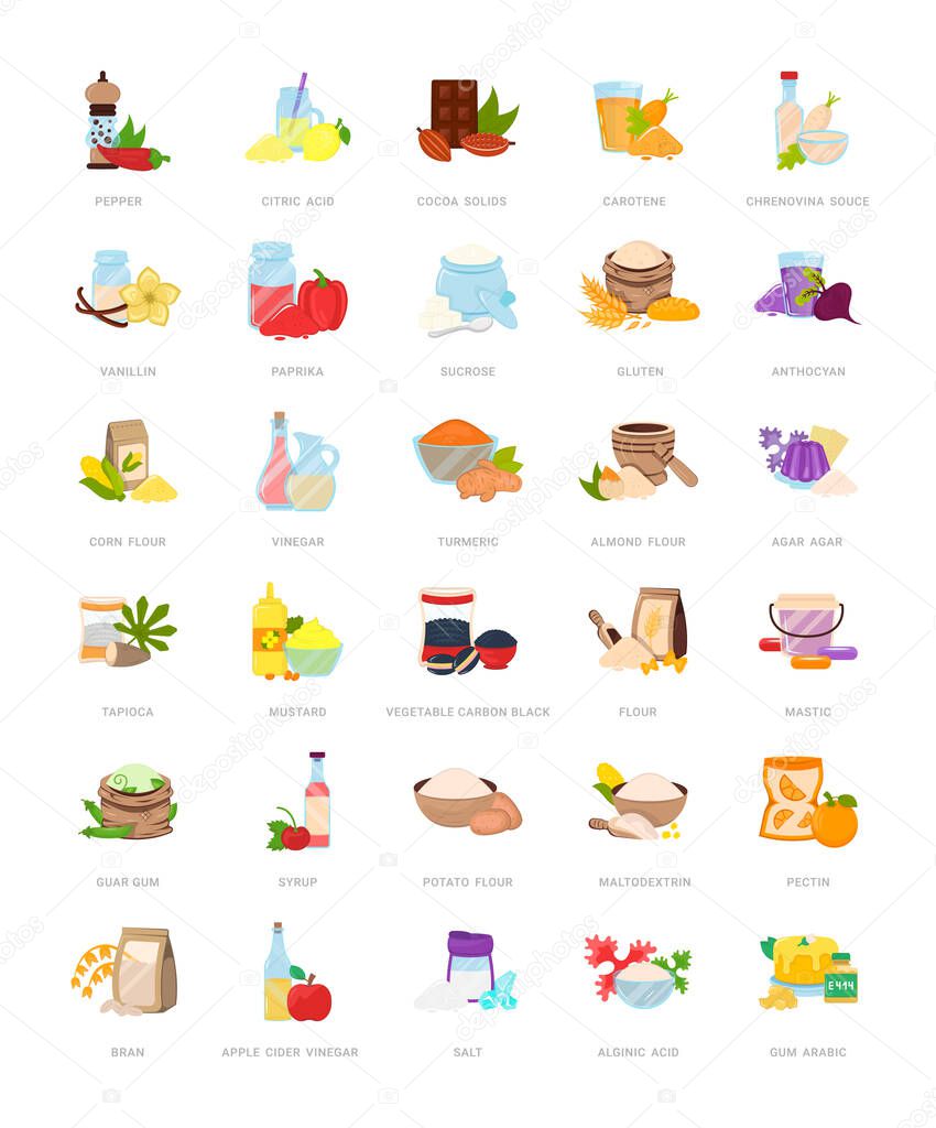 Set of vector isolated illustrations of food and drink additives, e, flavor enhancers,  sauces, flours, syrups, spices, nature flavorings, artificial dressings, seasonings, and other substances.