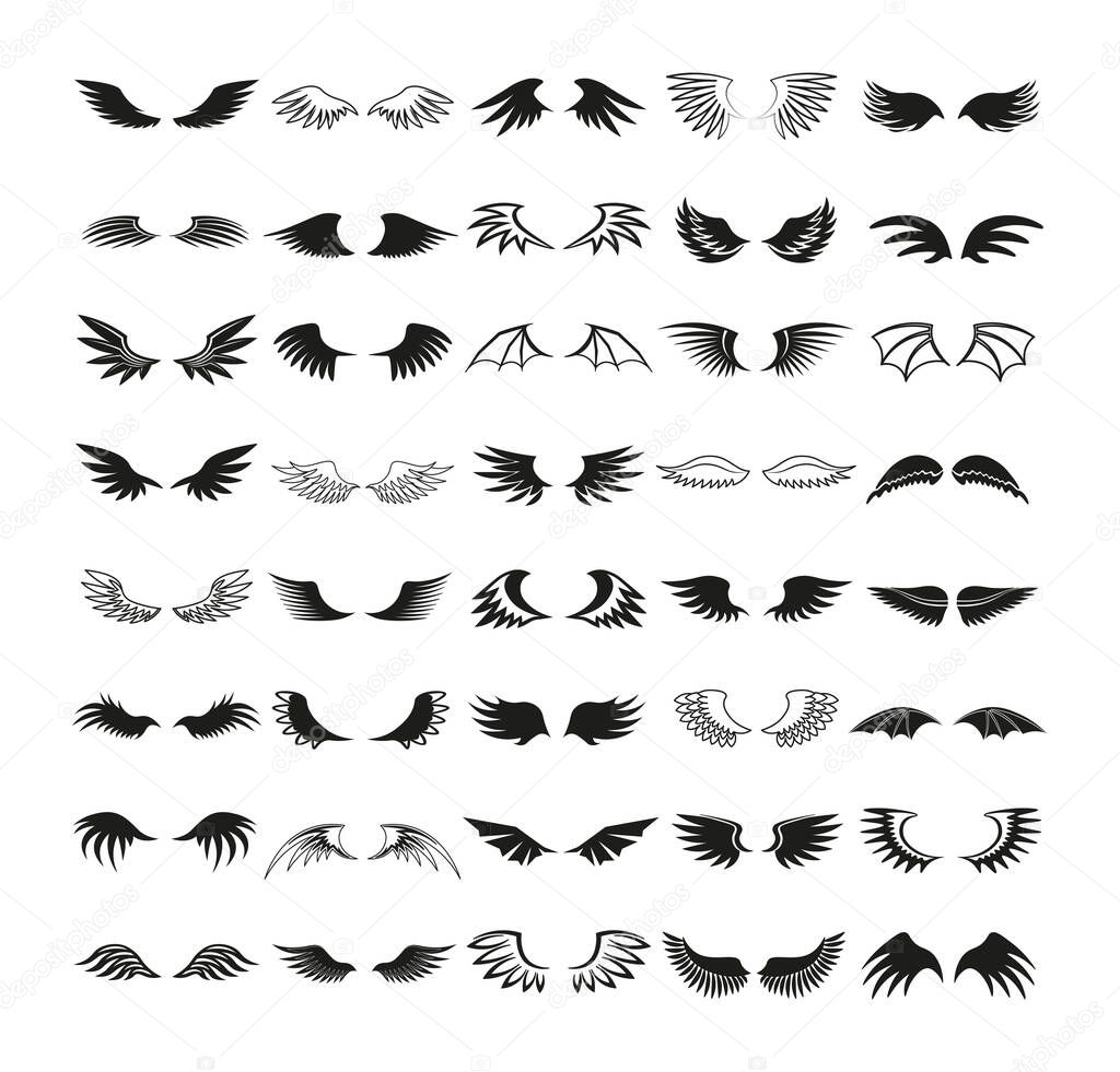 Vector set of wings icons. Illustrations for creating tattoos, logos, and prints.