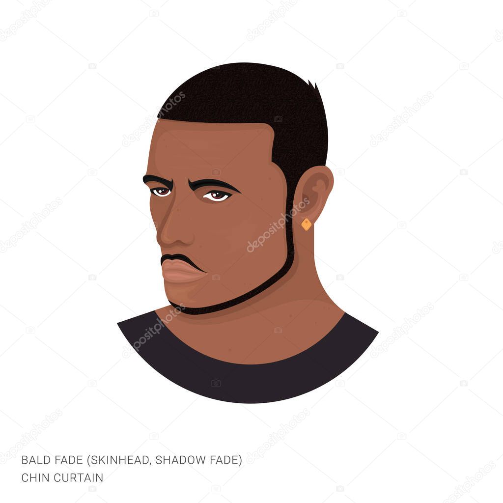 Vector illustration of a man with a bald fade and chin curtain beard on a white background. Modern person with a stylish haircut and beard. Template for barbershops, salons. Avatar in style realism.