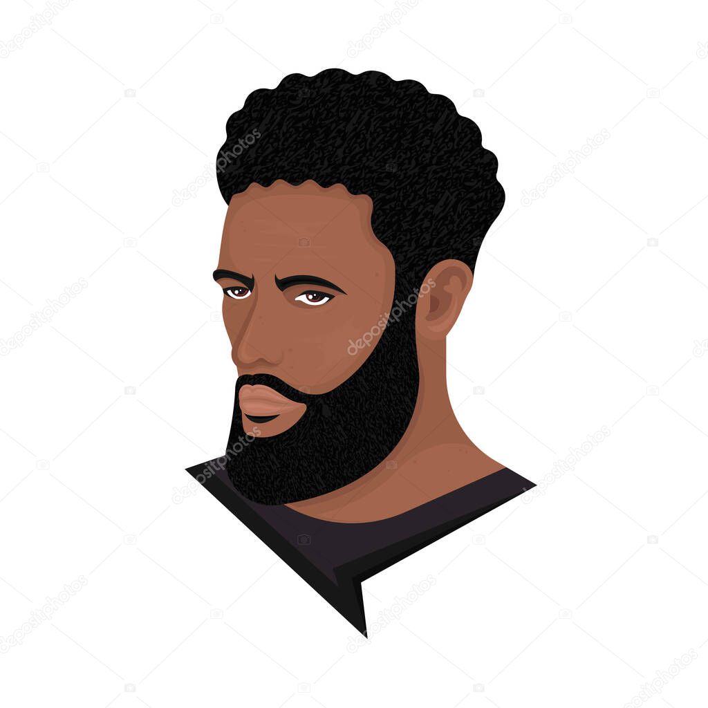 Vector illustration of a man with a drop fade afro and hollywoodian beard on a white background. The modern person with a stylish haircut. Template for barbershops, salons. Avatar in style realism.