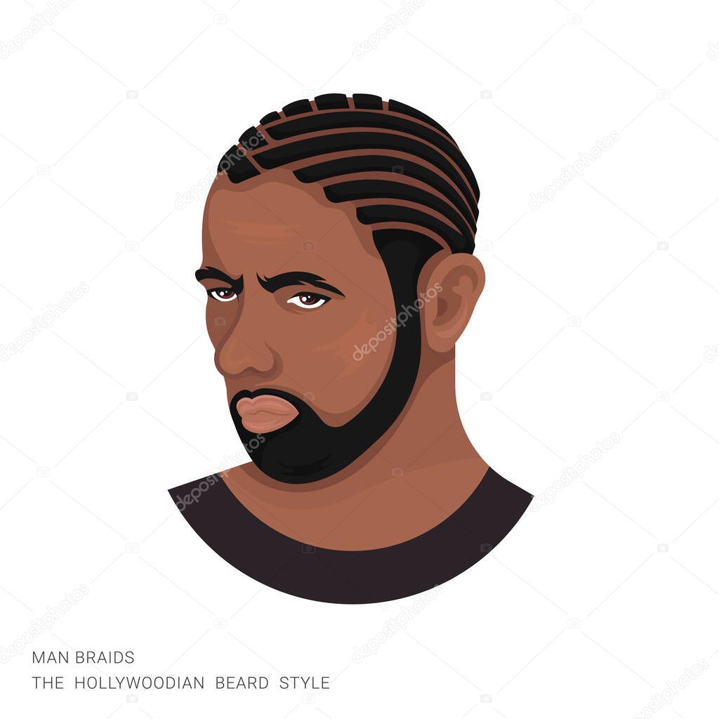 Vector illustration of a man with braids and a hollywoodian beard on a white background. The modern person with a stylish haircut and beard. Template for barbershops, salons. Avatar in style realism.