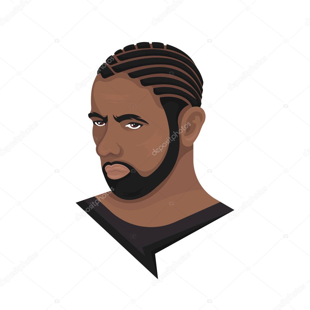 Vector illustration of a man with braids and a hollywoodian beard on a white background. The modern person with a stylish haircut and beard. Template for barbershops, salons. Avatar in style realism.