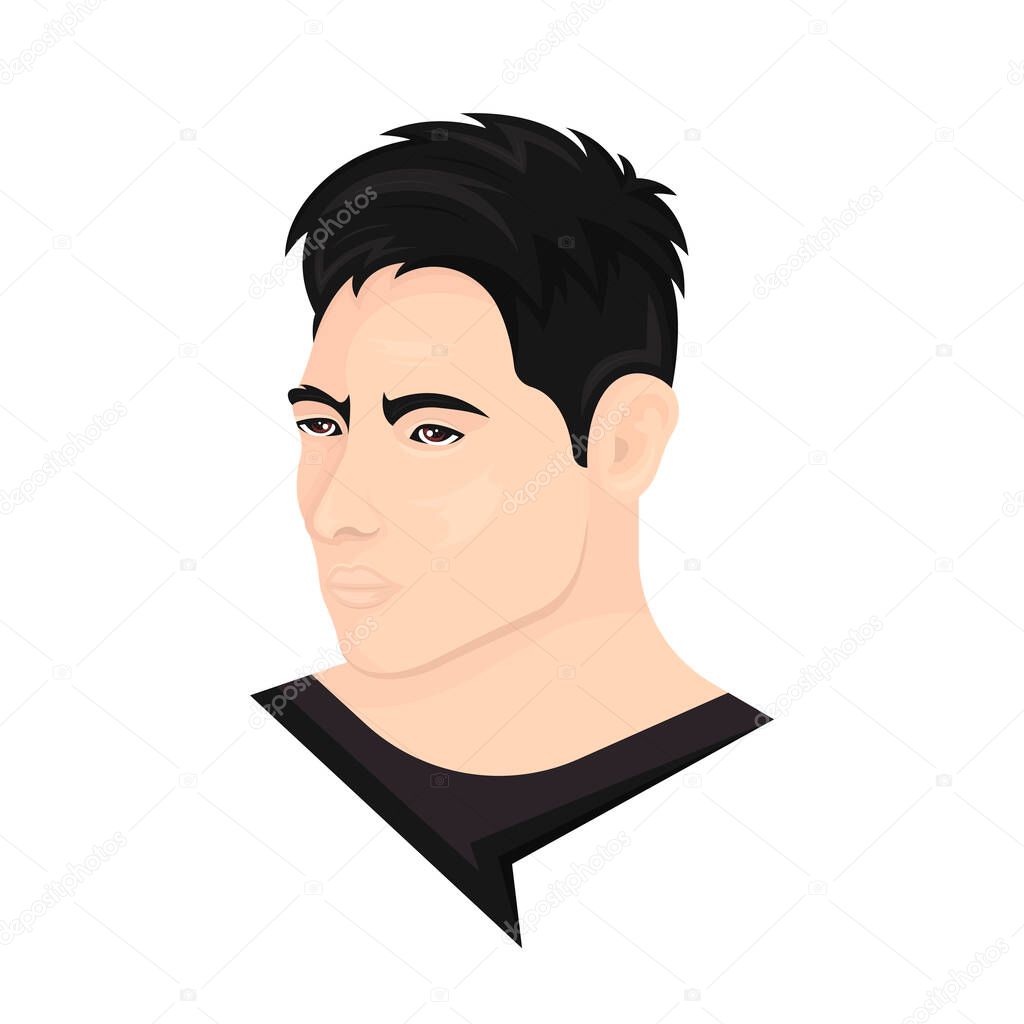 Vector illustration of a man with shaggy black korean hairstyle on a white background. The person with stylish haircut. Template for barbershops, salons. Avatar in style realism.