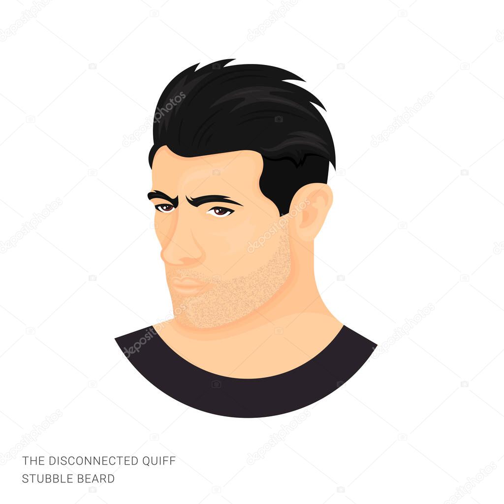 Vector illustration of a man with the disconnected quiff and stubble beard on a white background. The person with stylish haircut and beard. Template for barbershops, salons. Avatar in style realism.