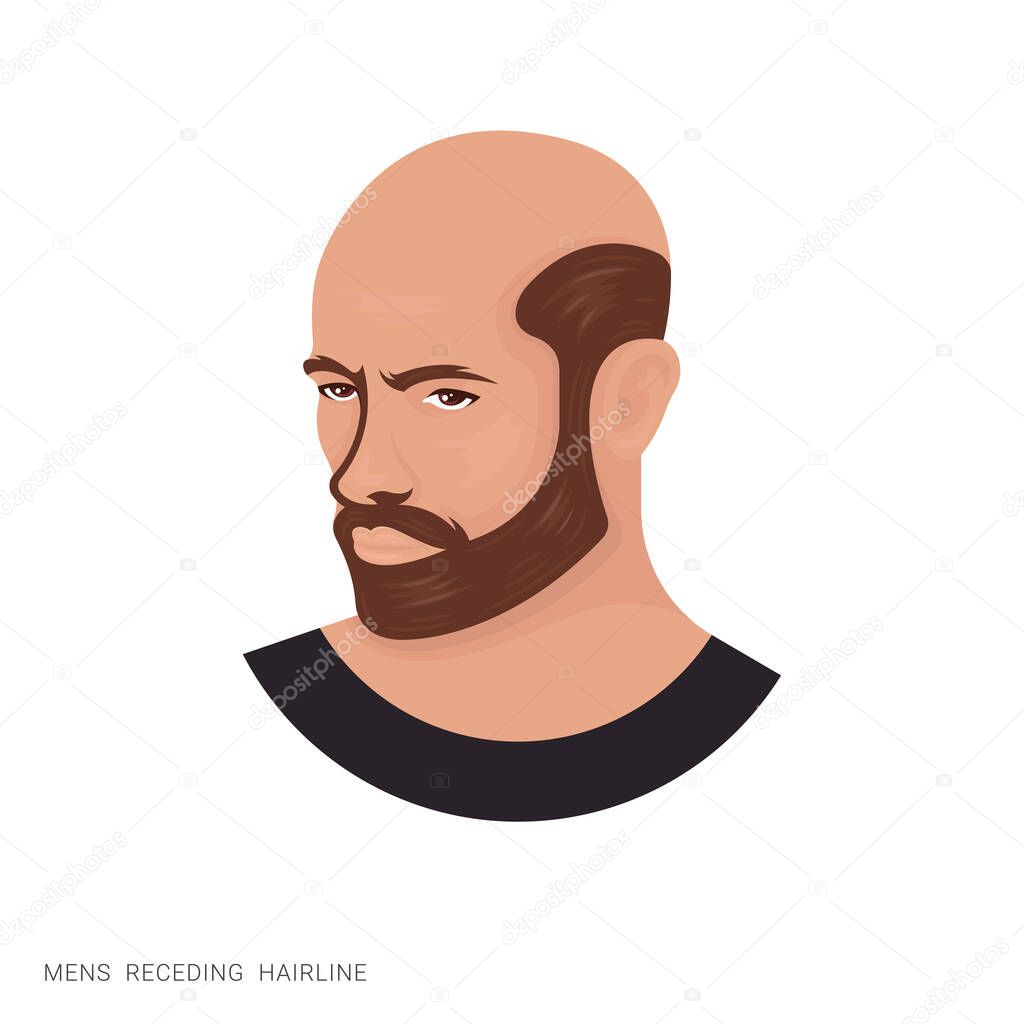 Vector illustration of a man with receding hairline and hollywoodian beard on a white background. The modern person with a stylish haircut and beard. Template for barbershops. Avatar in style realism.