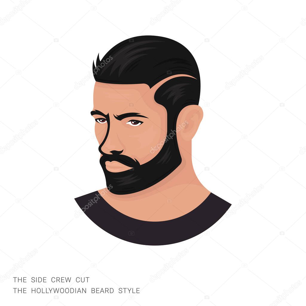 Vector illustration of a man with the side crew cut and the hollywoodian beard style. The modern person with a stylish haircut and beard. Template for barbershops, salons. Avatar in style realism.