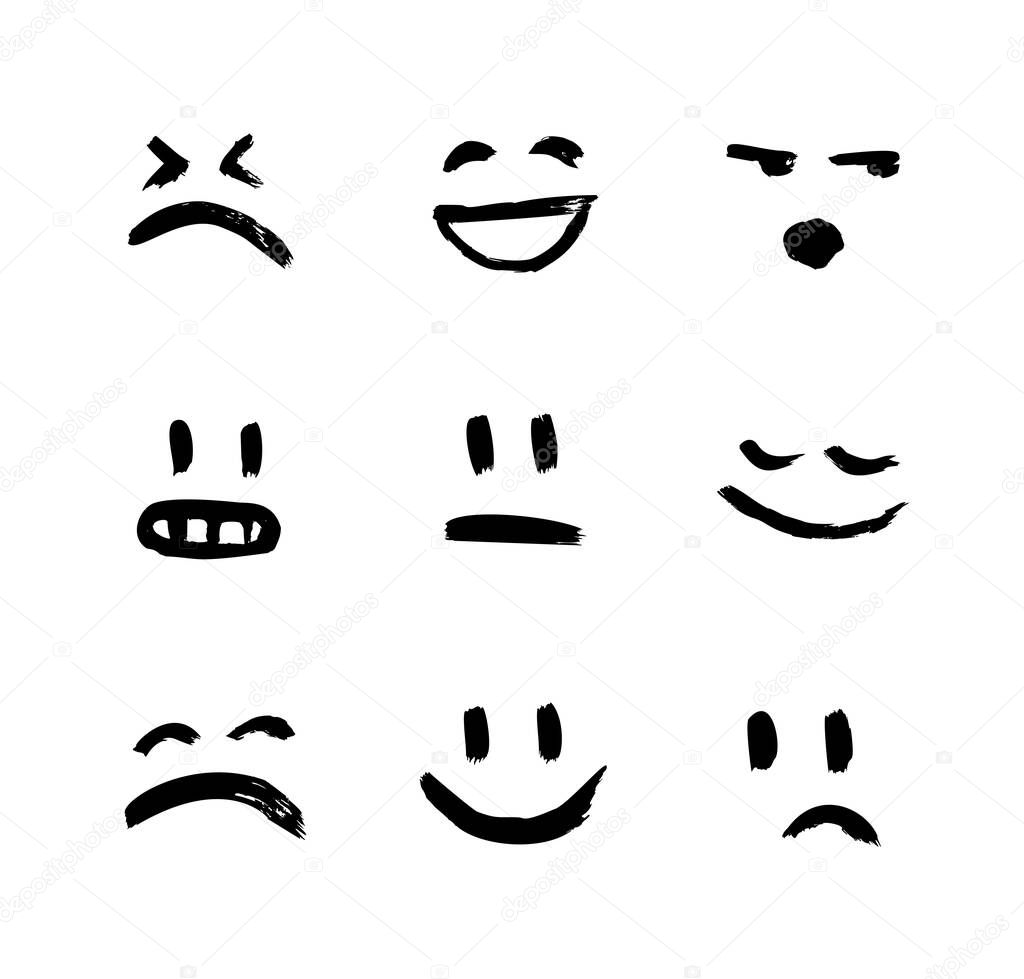 Set of vector emoticons, smiley, kaomoji, and mood expressions. Modern grunge, textured emoji looks like graffiti for any projects, prints, and web interfaces. Excellent templates for your design.