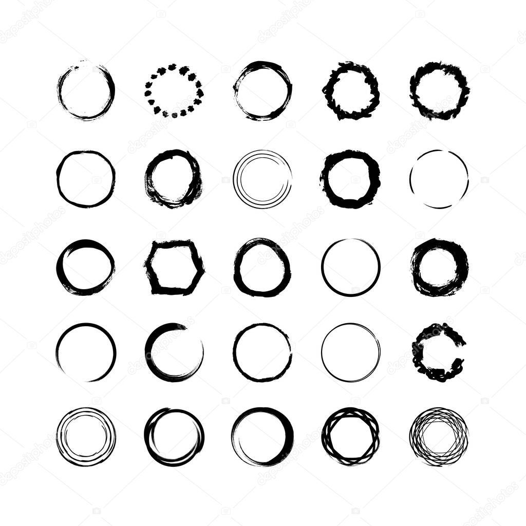 Collection of textured round frames isolated on white background. Set of black templates with splashes and spray in form circle and o-shaped, and elliptical in a dirty and freehand style.