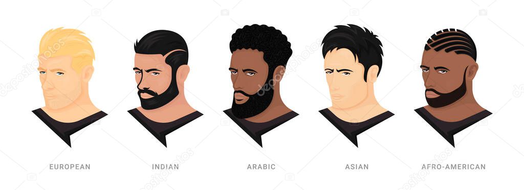 Vector set of race avatars. Collection of handsome men's heads on a white background. Types of common appearance. European, Indian, Arabic, Asian, and Afro. People in style realism.